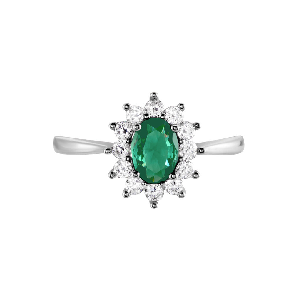 Anillo con Esmeralda Colombiana Ovalada y Diamantes en Oro Blanco