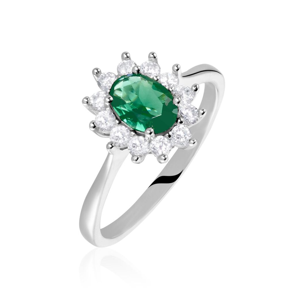 Anillo con Esmeralda Colombiana Ovalada y Diamantes en Oro Blanco