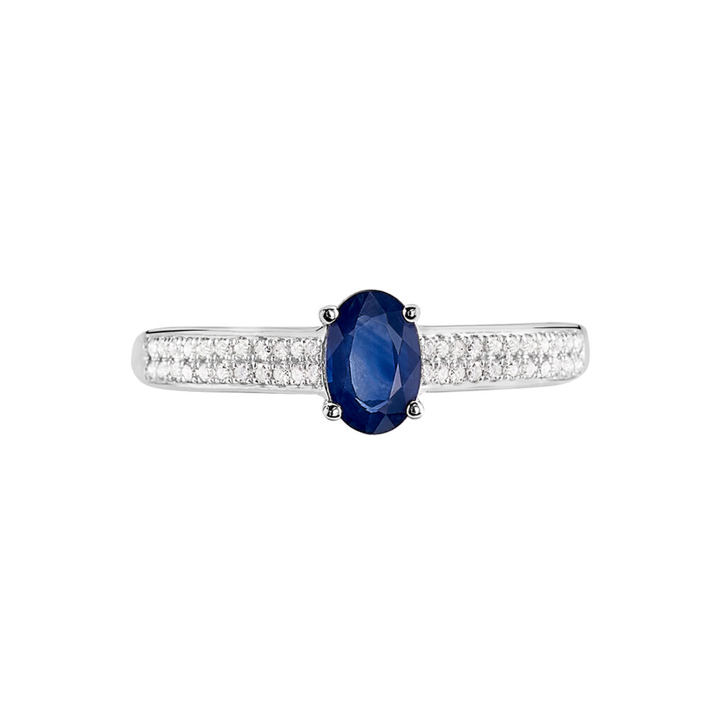 Anillo Santa Bárbara Oro Blanco 18k con Zafiro Azul Ovalado y Diamantes