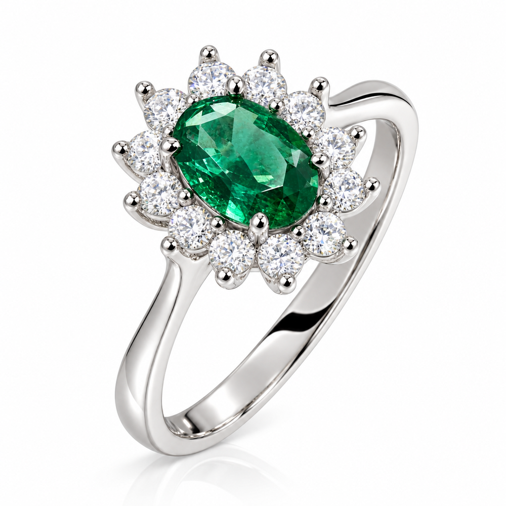 Anillo de esmeralda natural ovalada con diamantes naturales en oro blanco 18k