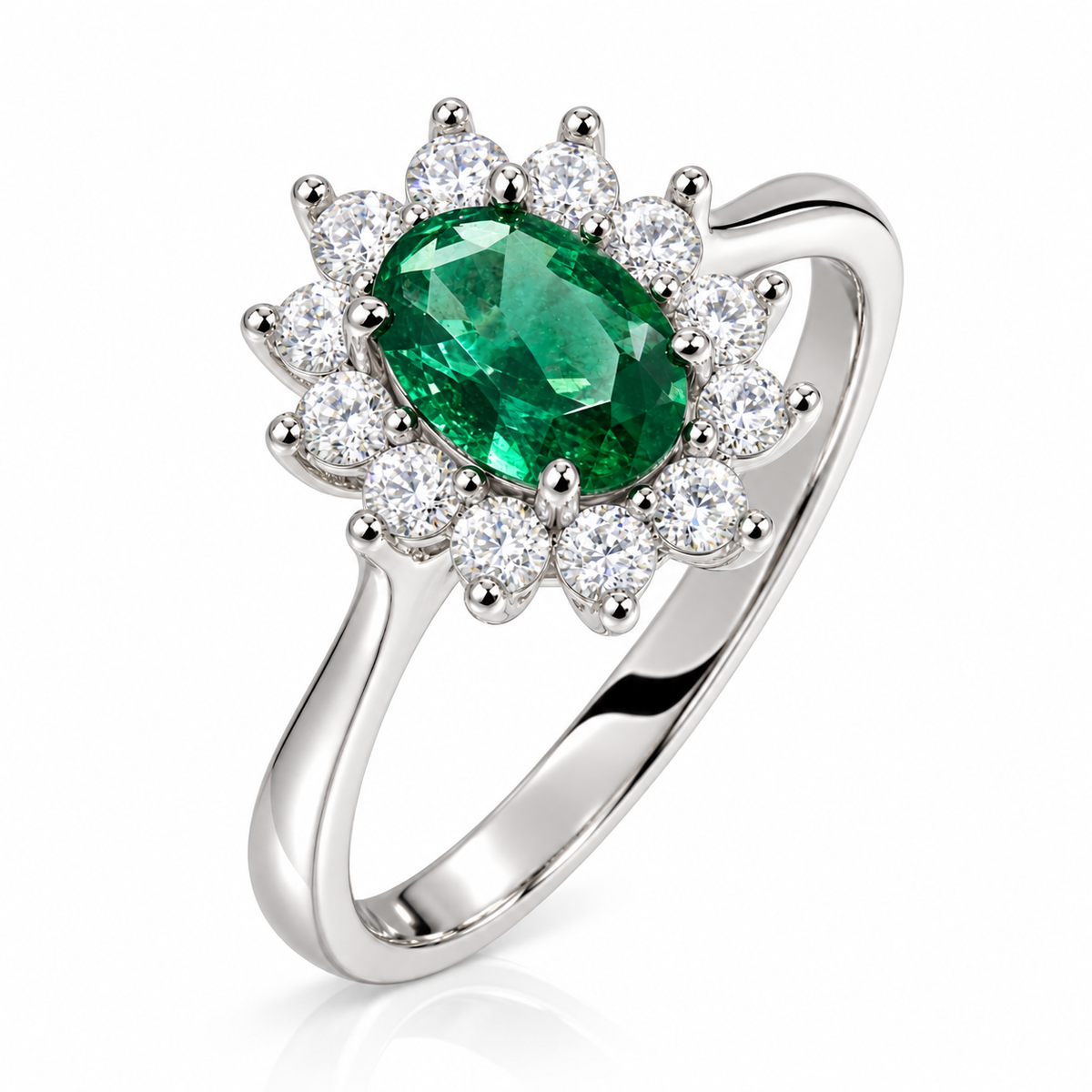 Anillo de esmeralda natural ovalada con diamantes naturales en oro blanco 18k