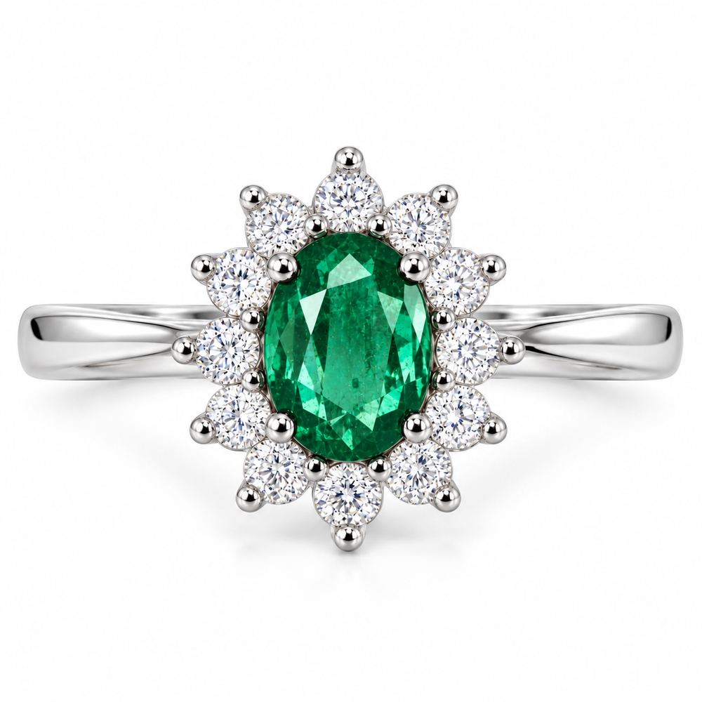 Anillo de esmeralda natural ovalada con diamantes naturales en oro blanco 18k