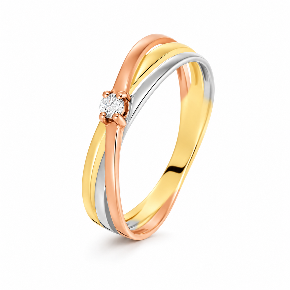 Anillo entrelazado en los tres oros amarillo, blanco y rosado 18k con diamante natural. 