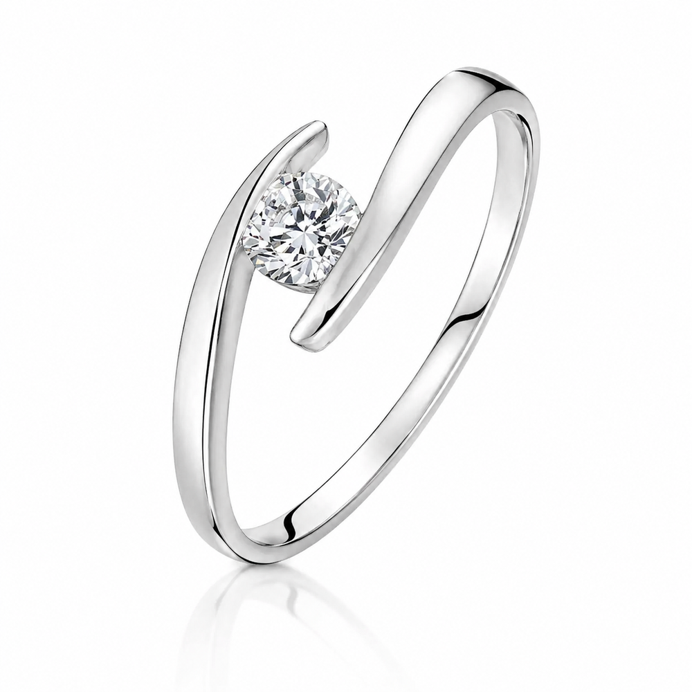Anillo de compromiso cruzado de oro blanco con diamante