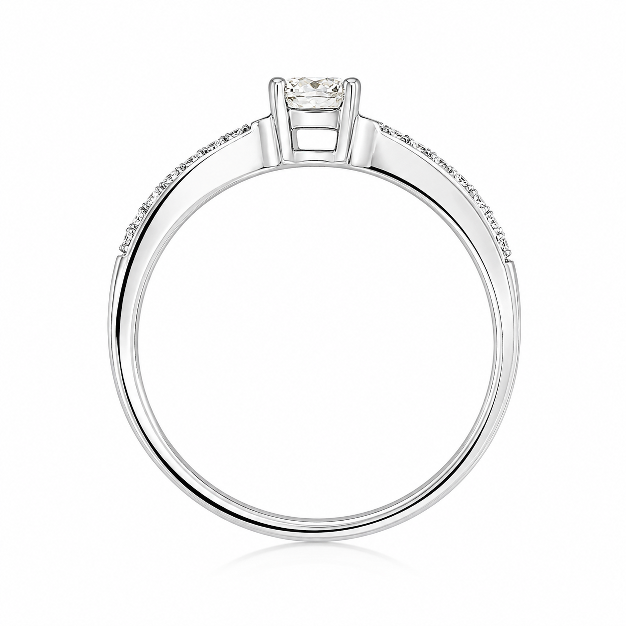 Anillo de compromiso con hombros entrelazados en oro blanco y diamante natural. 