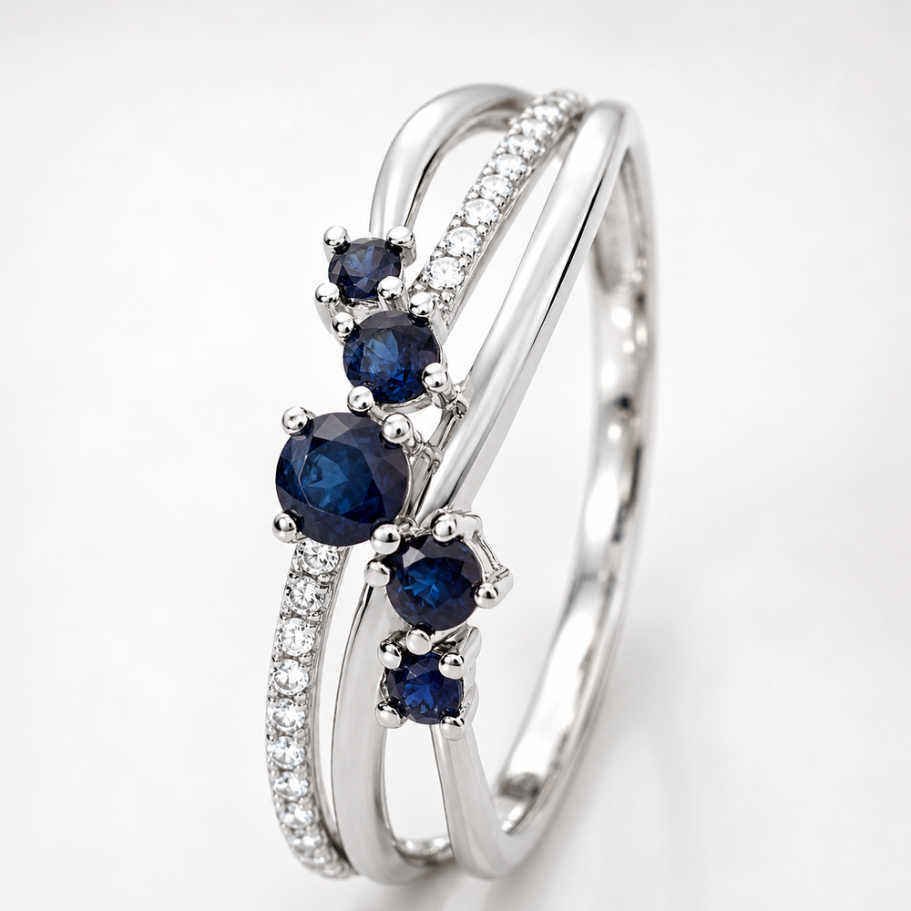 Anillo con zafiros azules y diamantes en oro blanco - Richmond