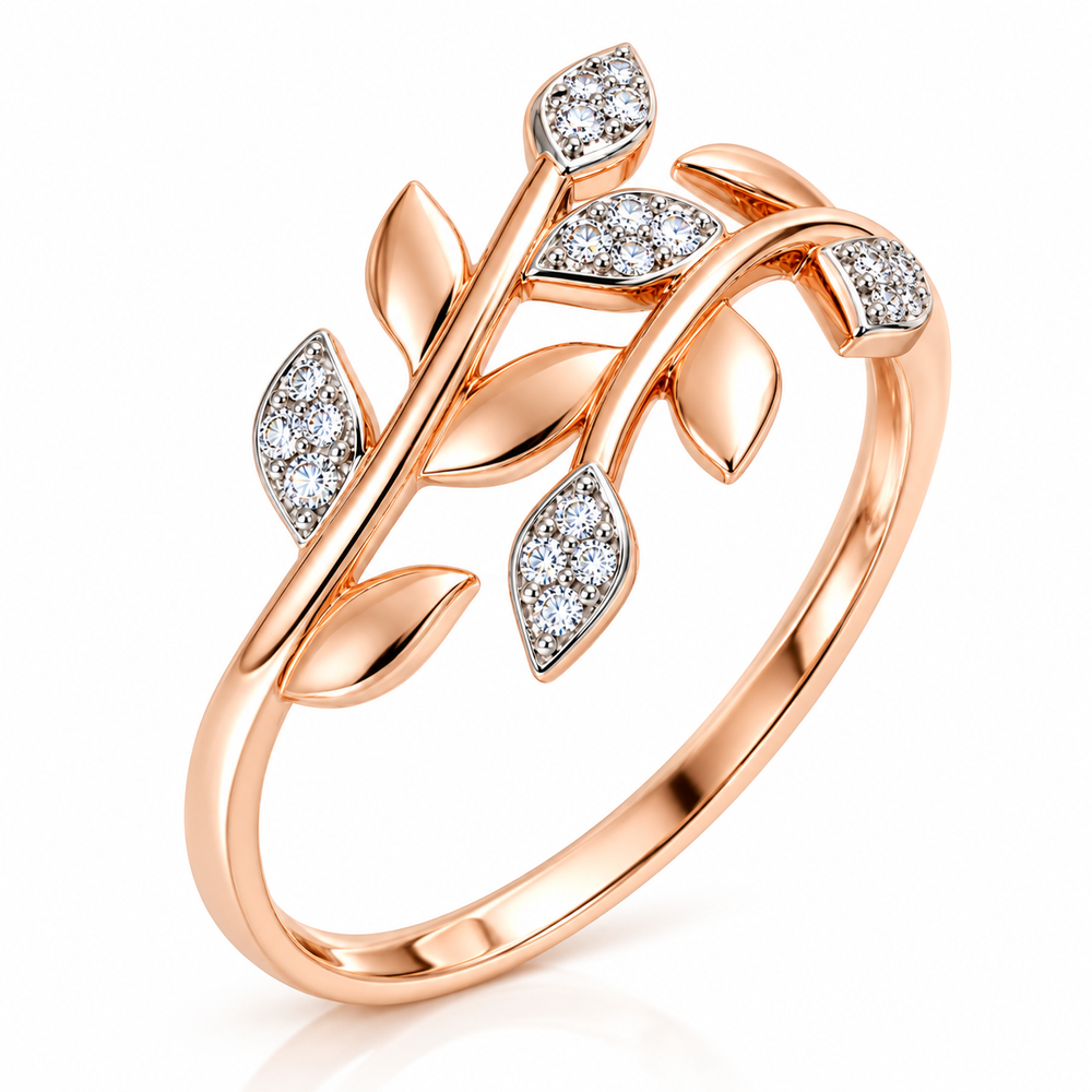 Anillo de oro rosado 18k con diamantes naturales diseño de hojas