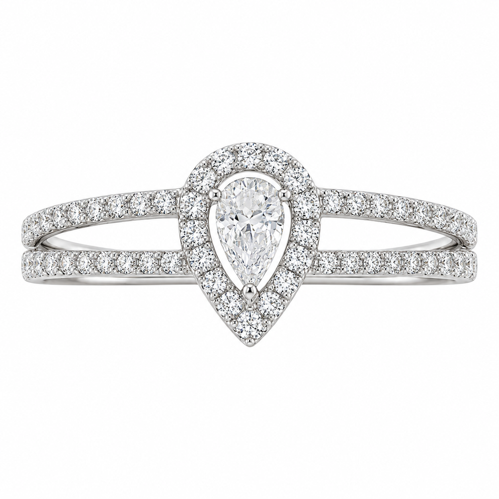 Anillo de compromiso con diamante en forma de pera en oro blanco 18k. 