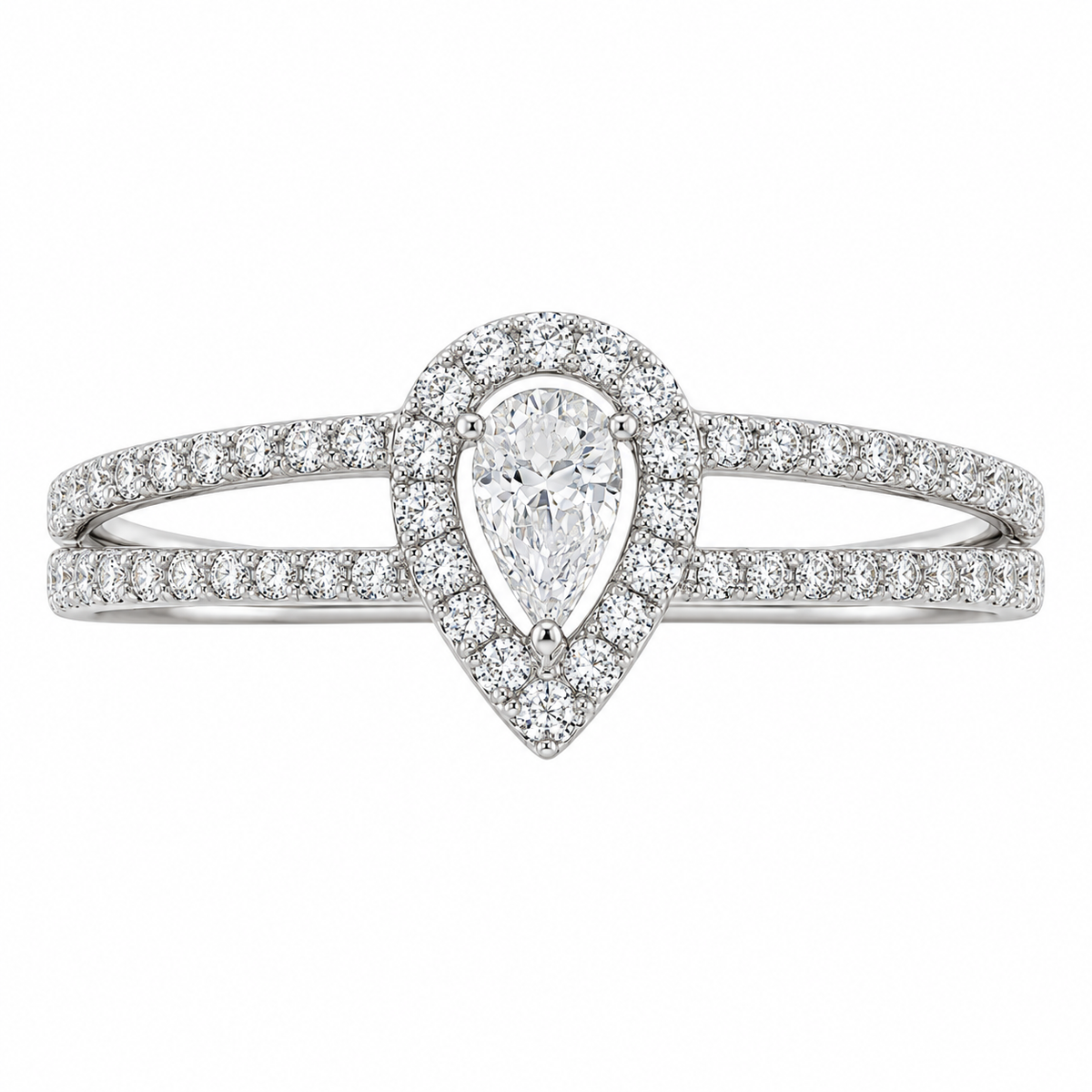 Anillo de compromiso con diamante en forma de pera en oro blanco 18k. 