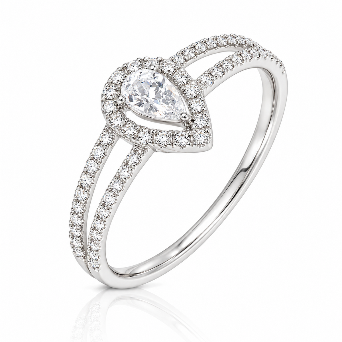 Anillo de compromiso con diamante en forma de pera en oro blanco 18k. 