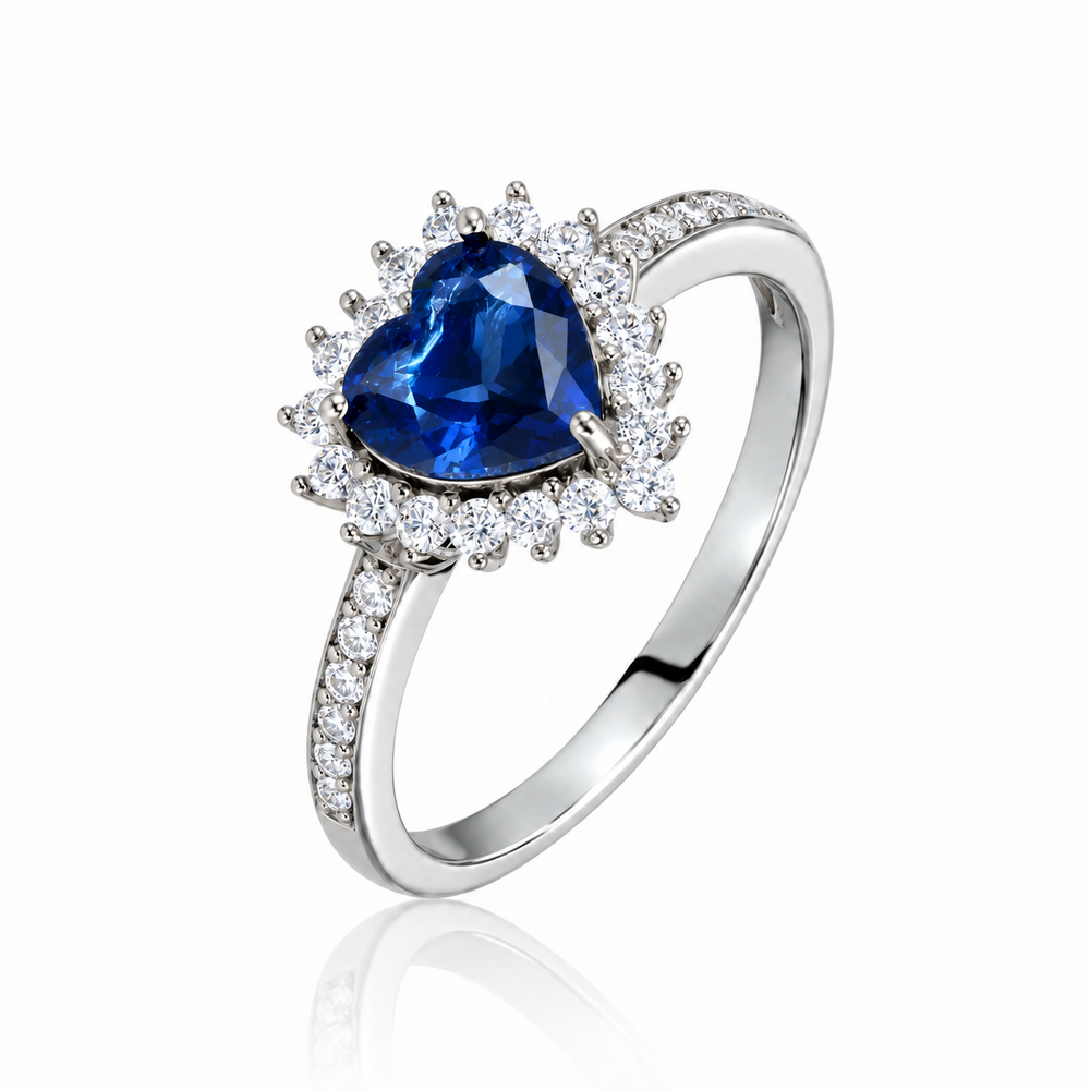 Anillo de oro blanco 18k con zafiro y diamantes creados en laboratorio 