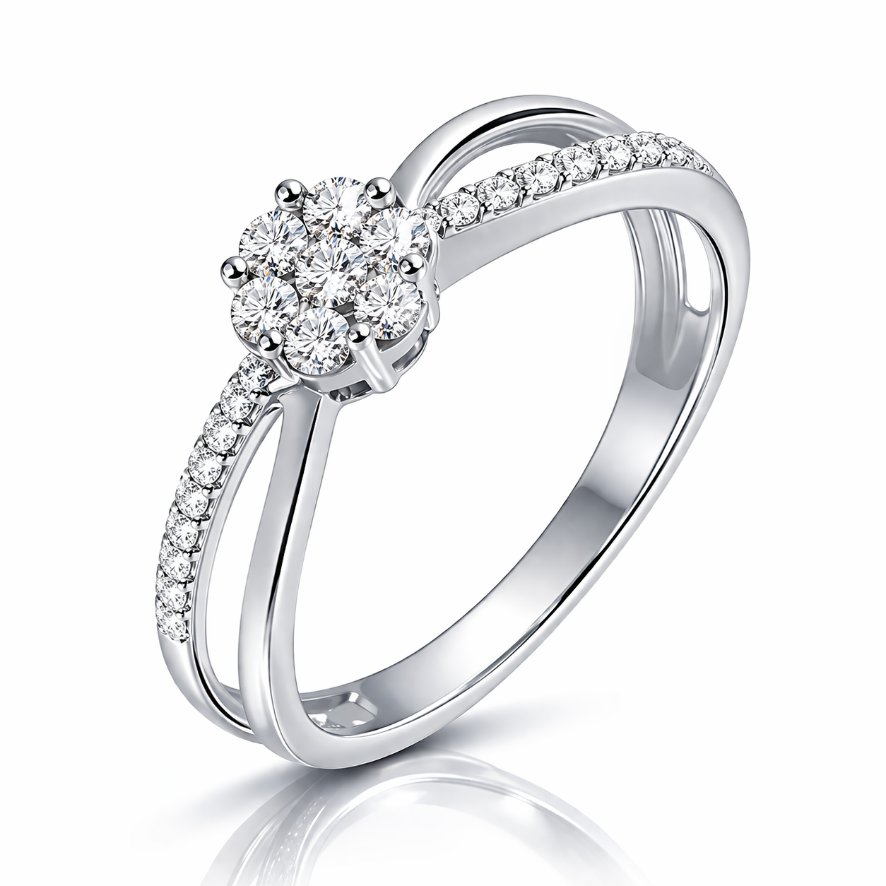Anillo de oro blanco con diamante negaste invisible en forma de flor y aro cruzado