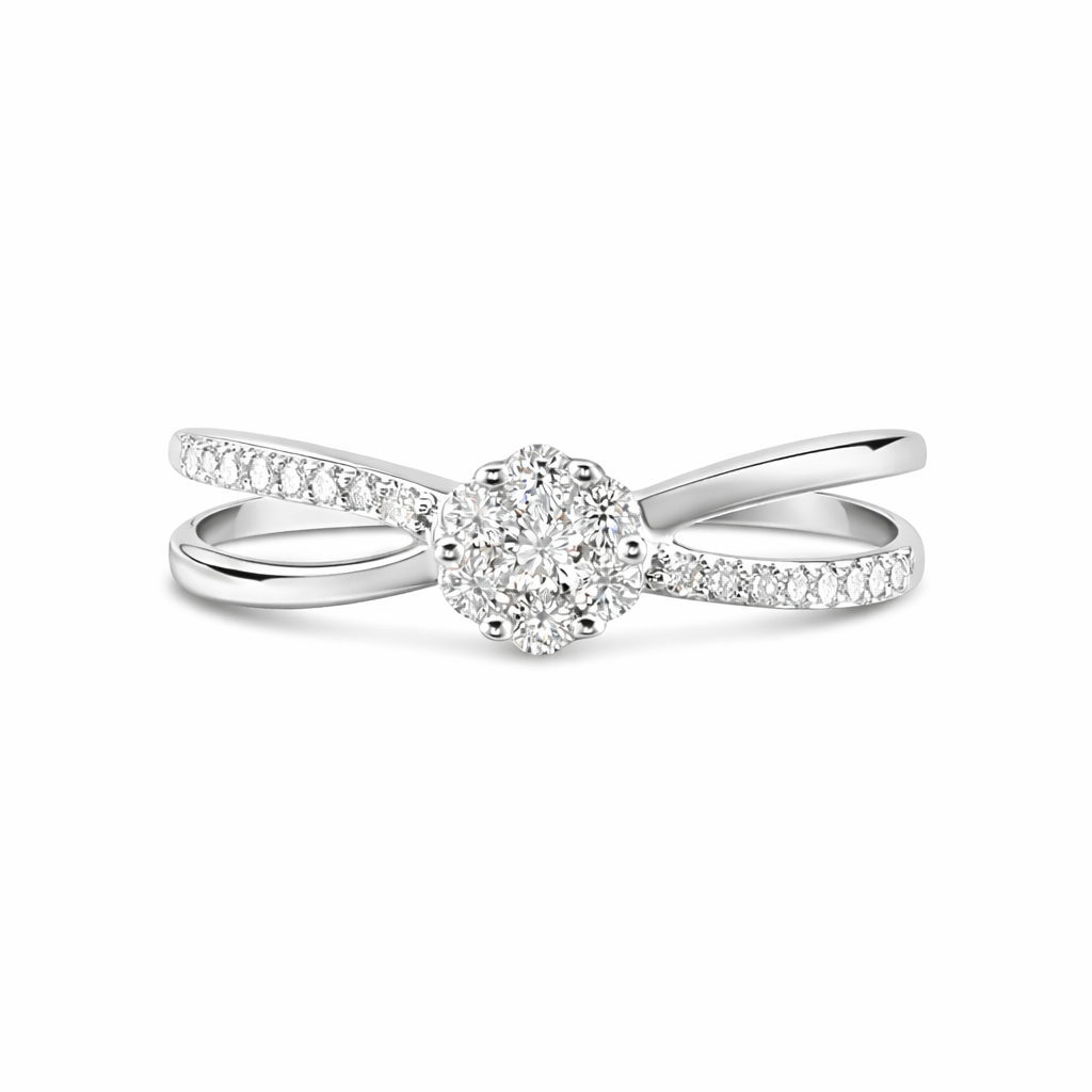 Anillo de oro blanco con diamante negaste invisible en forma de flor y aro cruzado