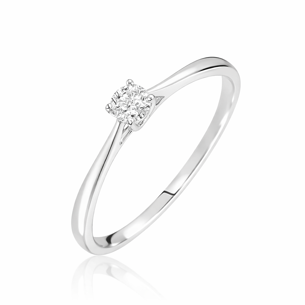 Anillo de compromiso solitario en oro blanco 18k y diamante redondo