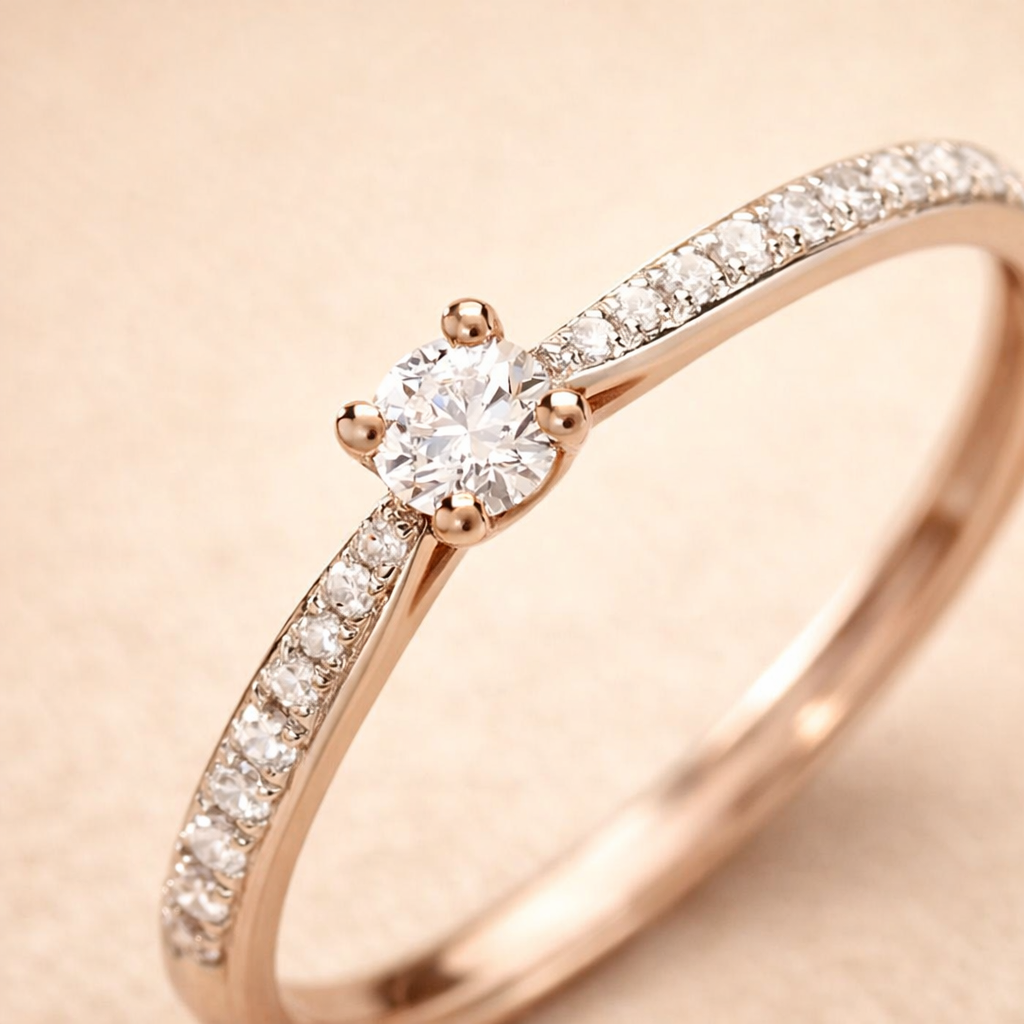 Anillo de Compromiso en Oro Rosado 18K con Diamante Central y Diamantes en los Hombros – Essen