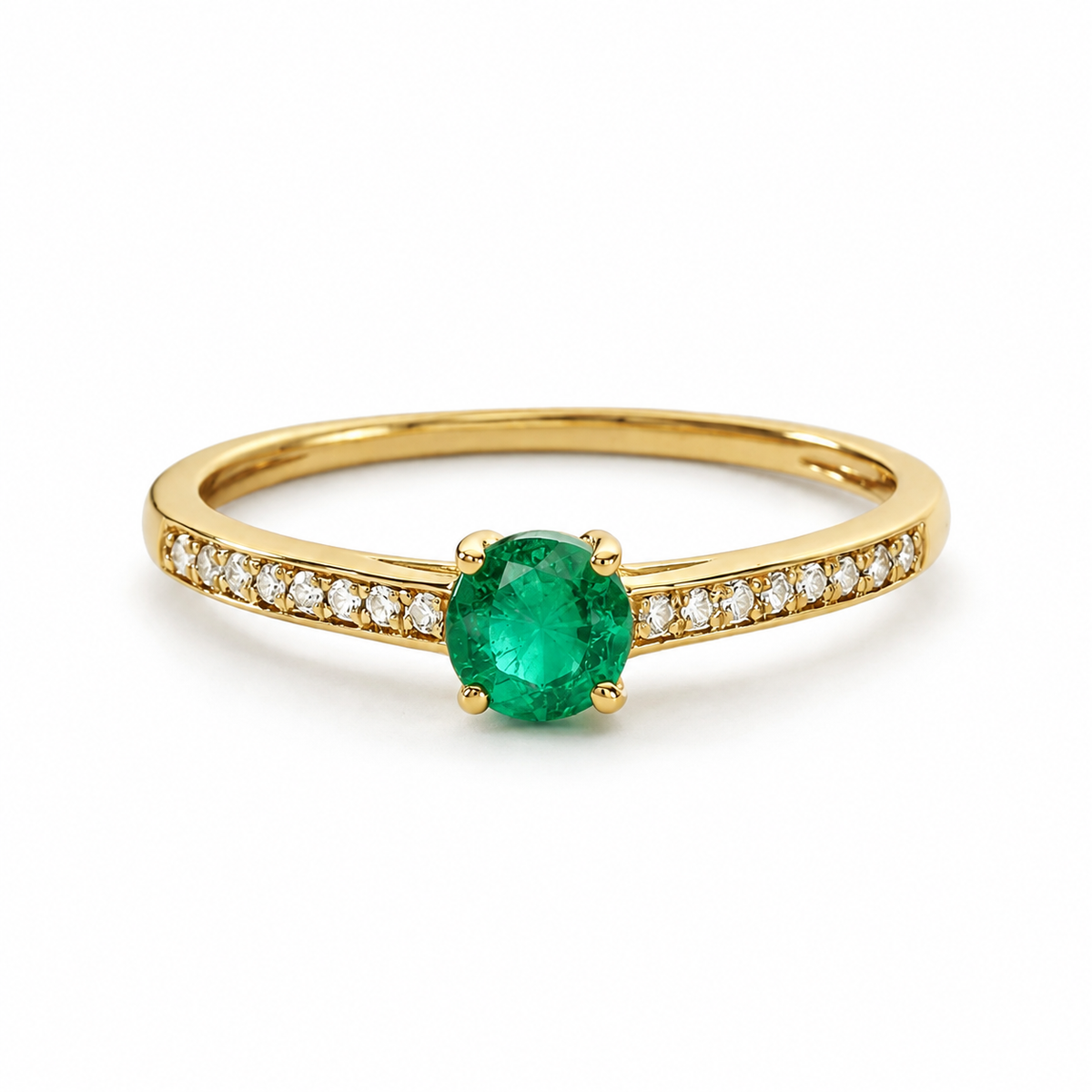 Anillo de Oro Amarillo 18K con Esmeralda Redonda y Diamantes - Mitú