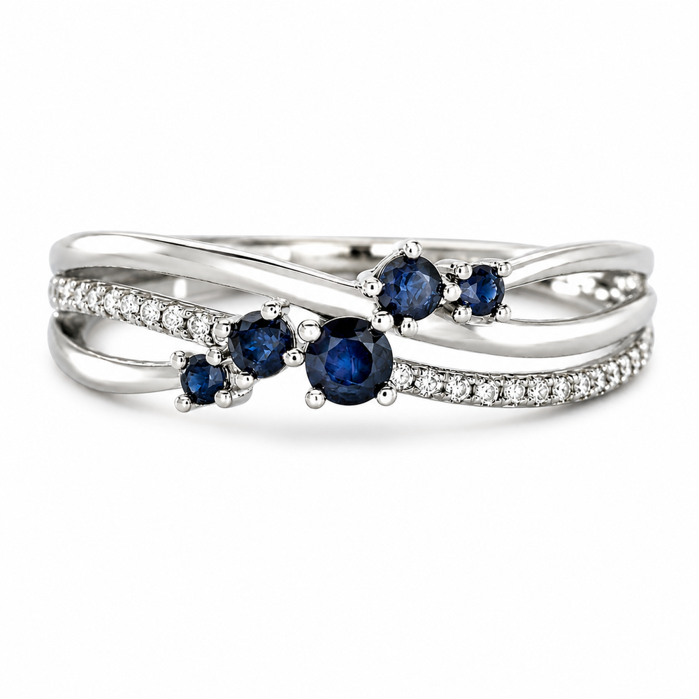 Anillo con zafiros azules y diamantes en oro blanco - Richmond
