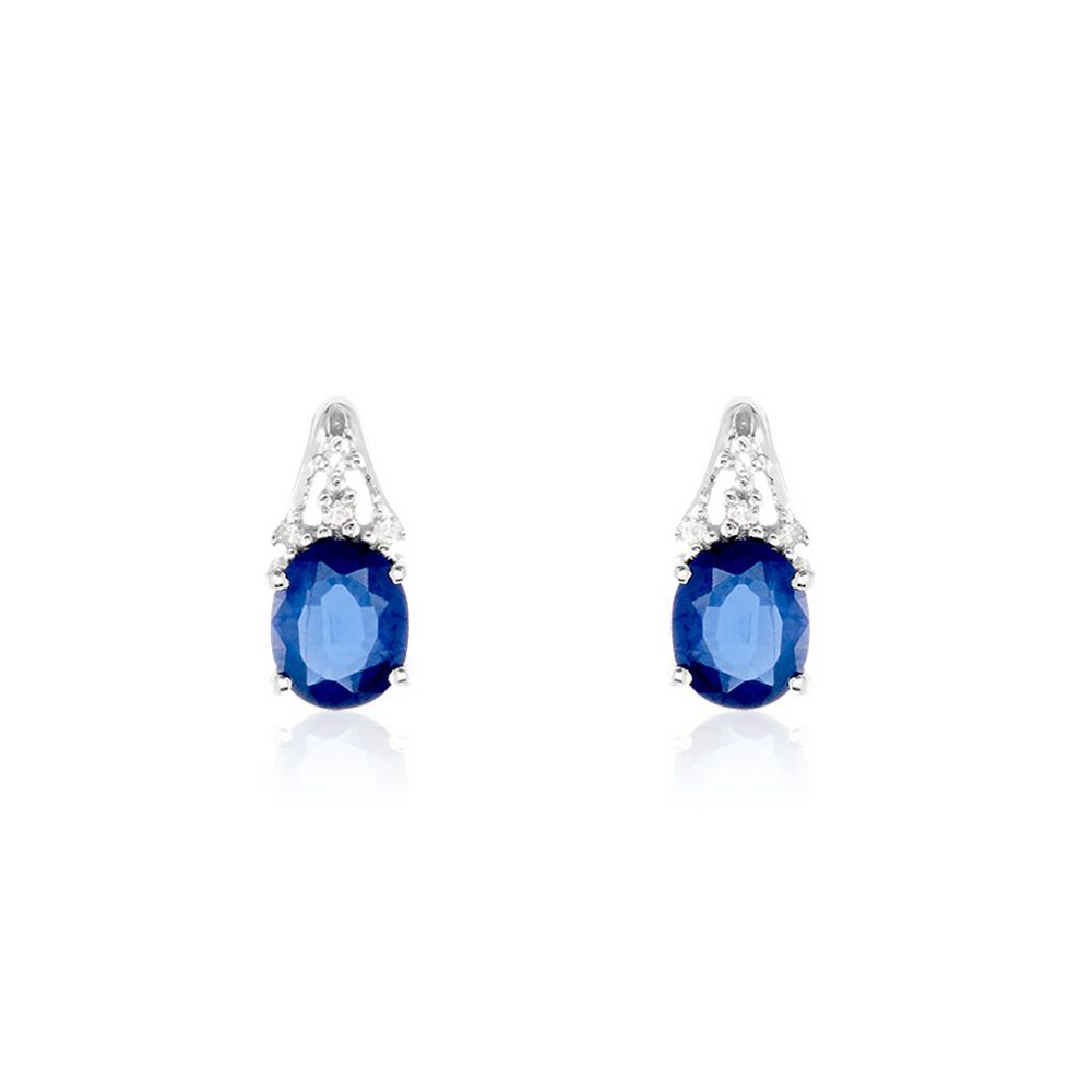 Aretes de zafiro ovalado azul, con diamantes blanco, estilo topo. 