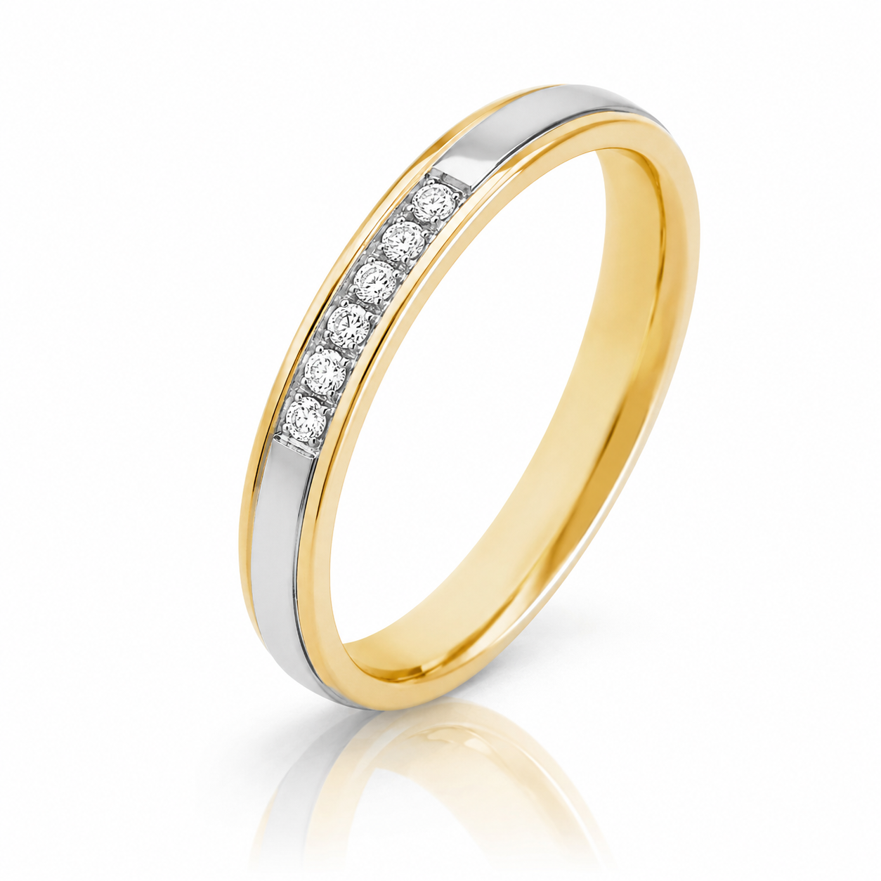 Argolla de matrimonio de dos oros blanco y amarillo con diamantes 