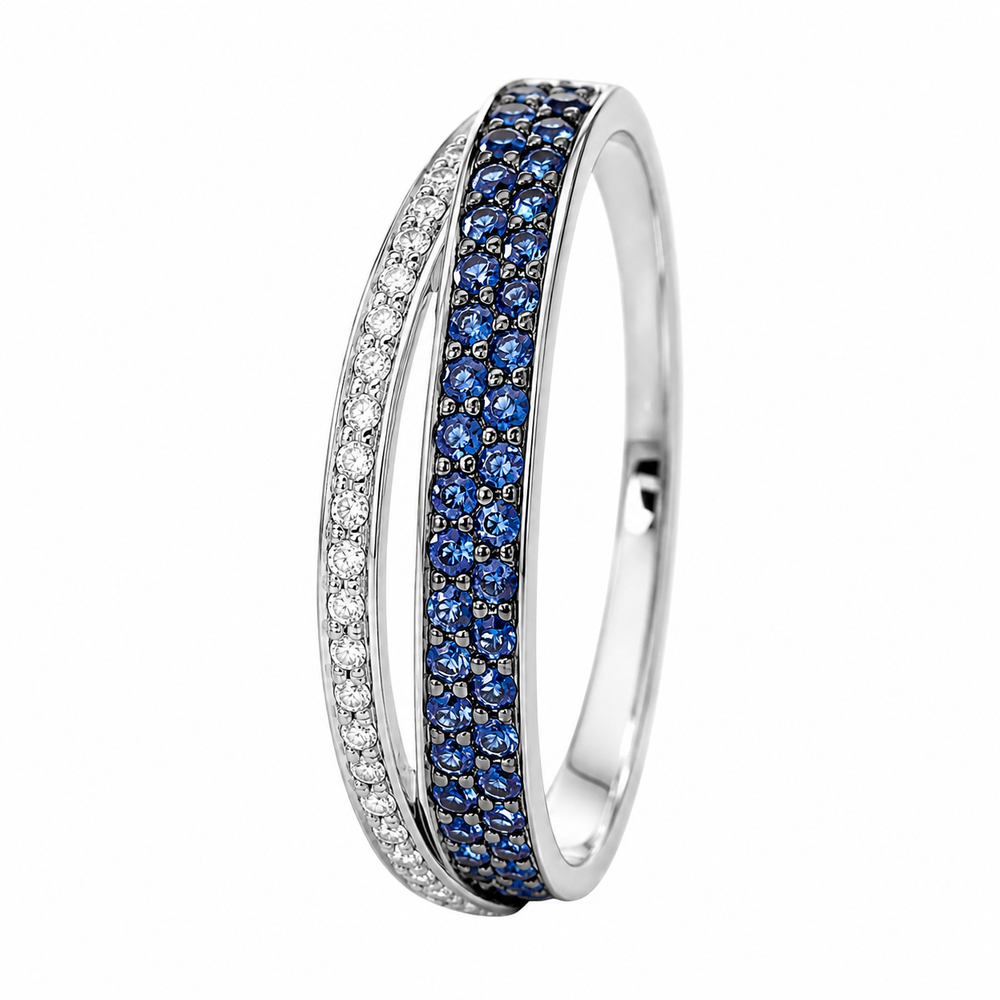 Argolla de oro blanco 18k con diamantes y zafiros azules naturales. 