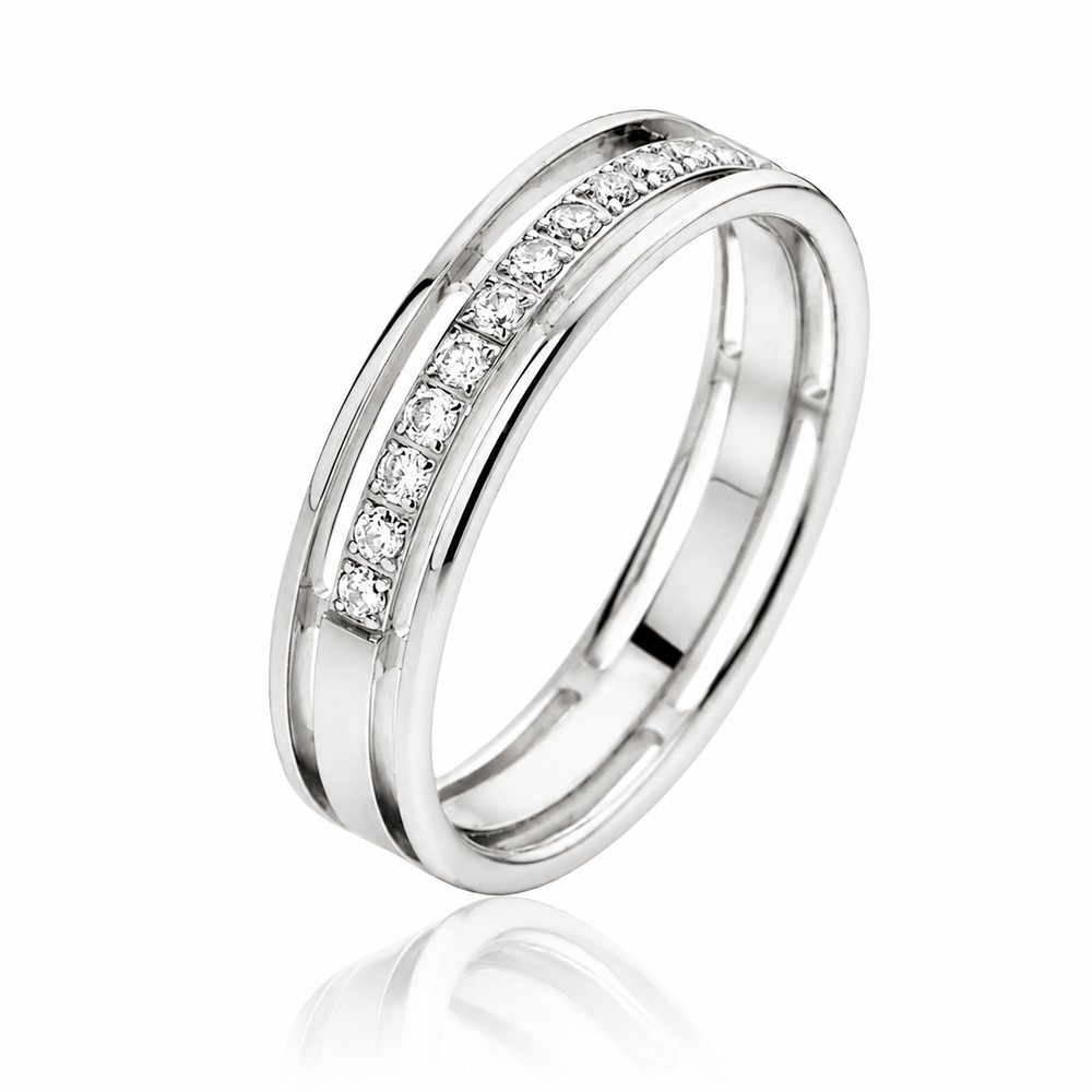 Argolla de matrimonio plana de oro blanco con diamantes. 