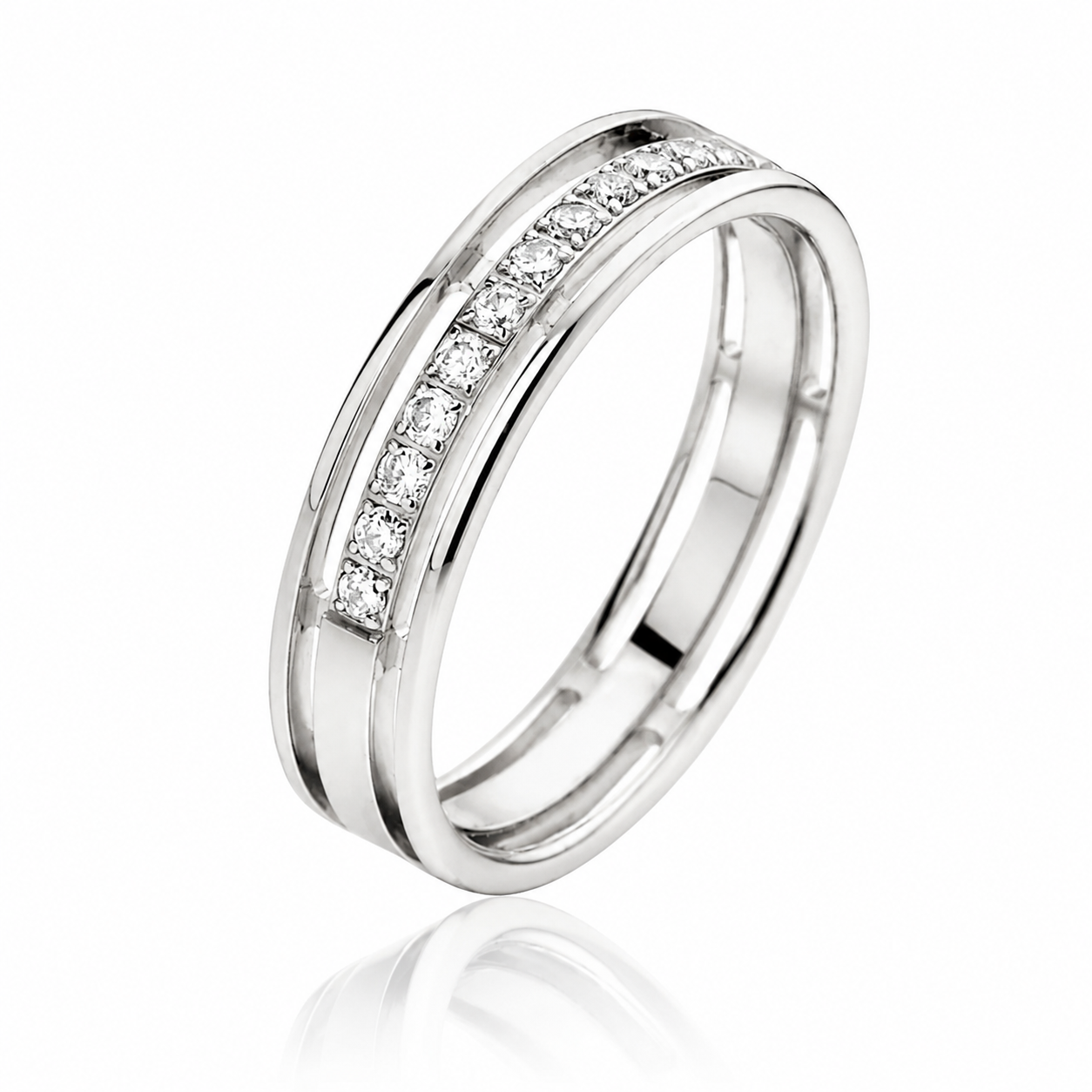 Argolla de matrimonio plana de oro blanco con diamantes. 