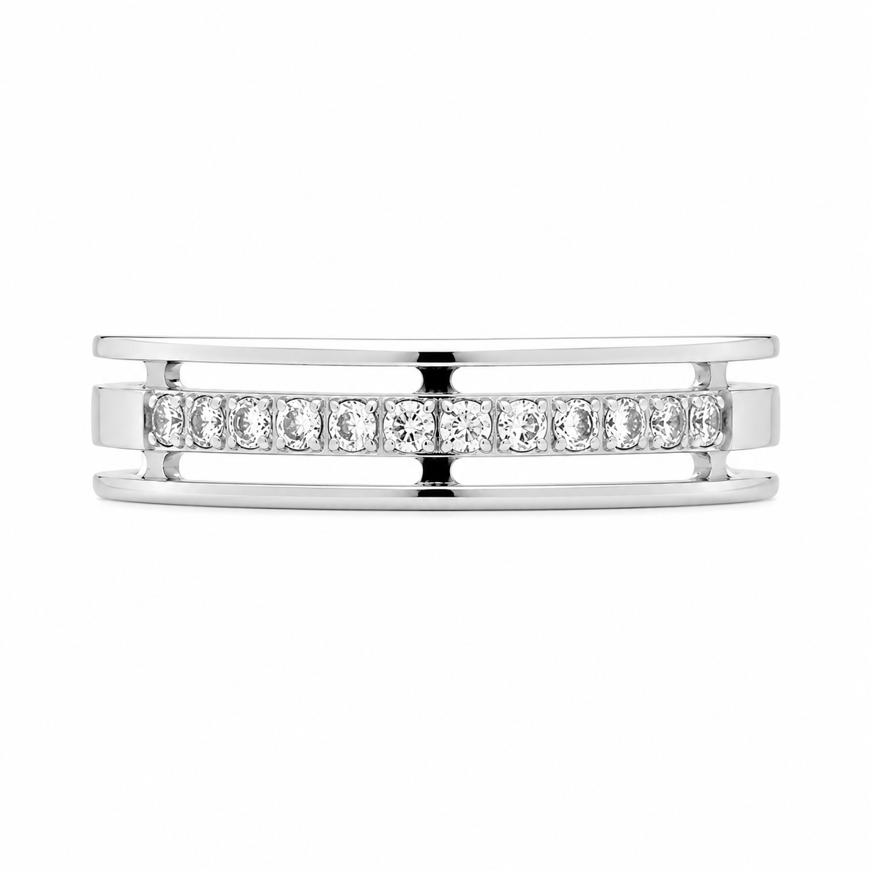 Argolla de matrimonio plana de oro blanco con diamantes. 