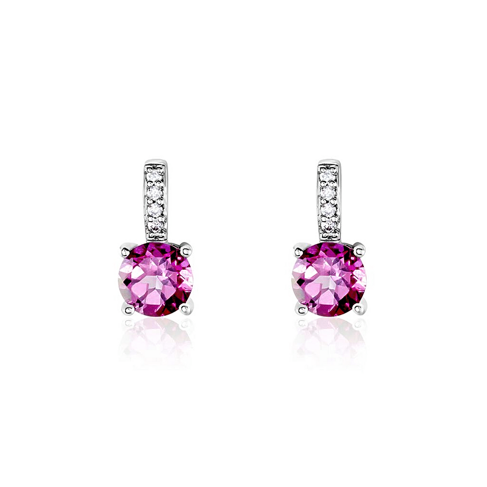 Aretes de oro blanco 18k con diamantes y turmalinas rosadas.