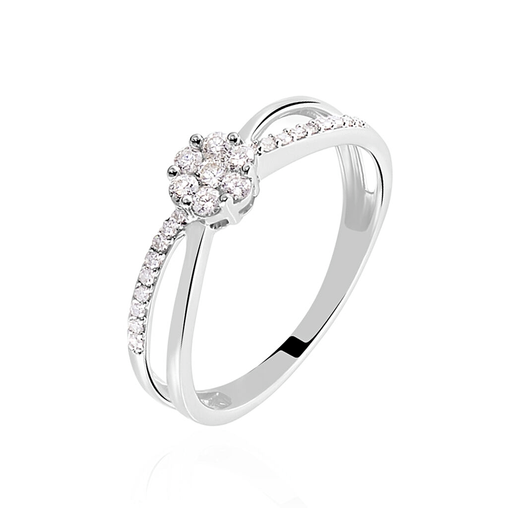 Anillo de compromiso oro blanco con diamantes naturales, diseño floral brillante.

