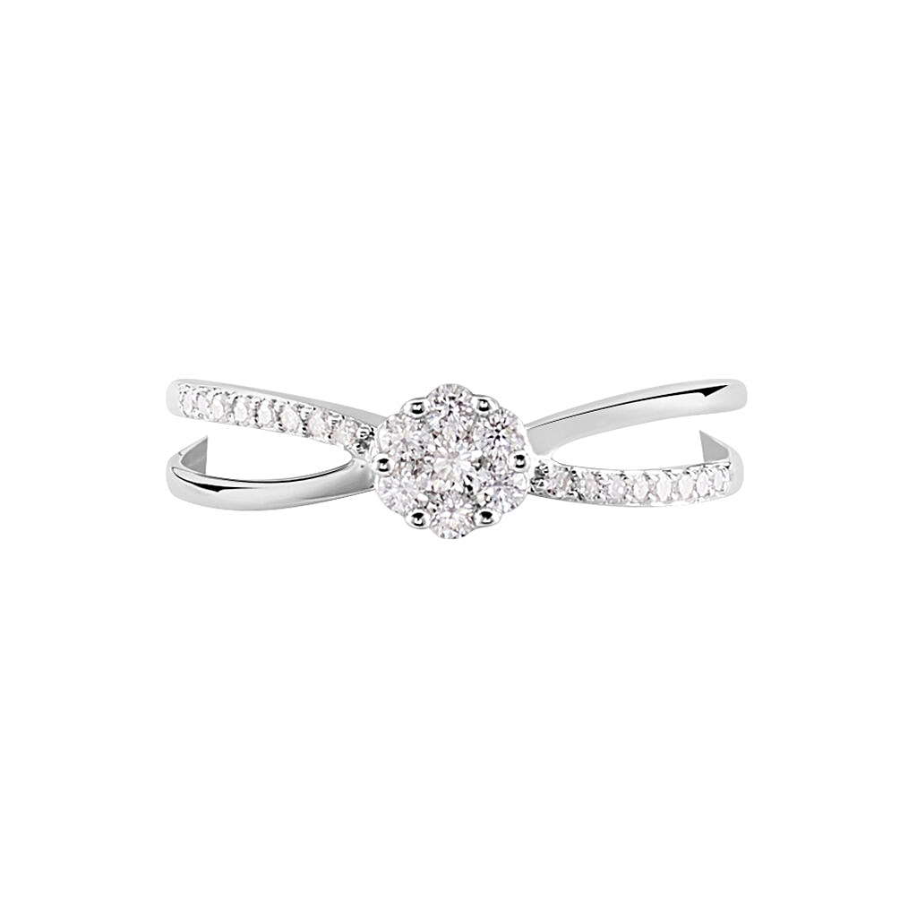 Anillo de compromiso oro blanco con diamantes naturales, diseño floral brillante.

