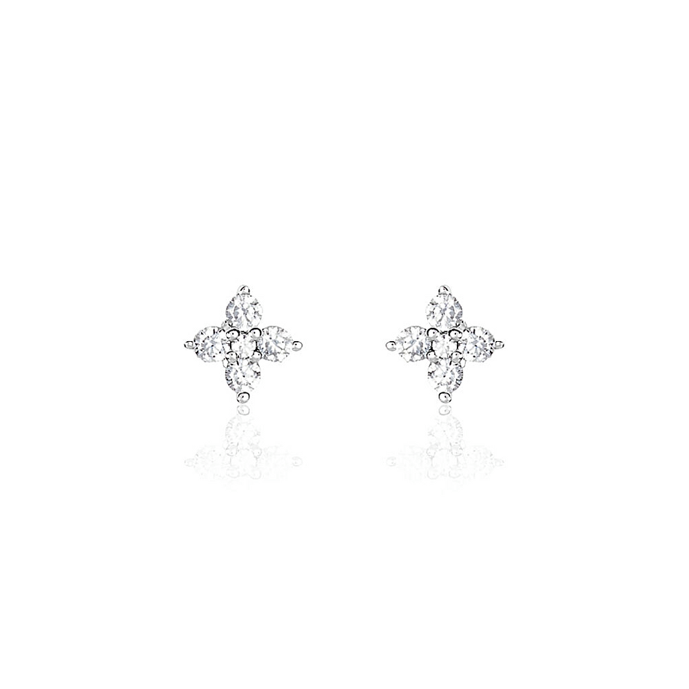 Aretes Copenhaguen: Diamantes Redondos en Forma de Flor, Oro Blanco 18k