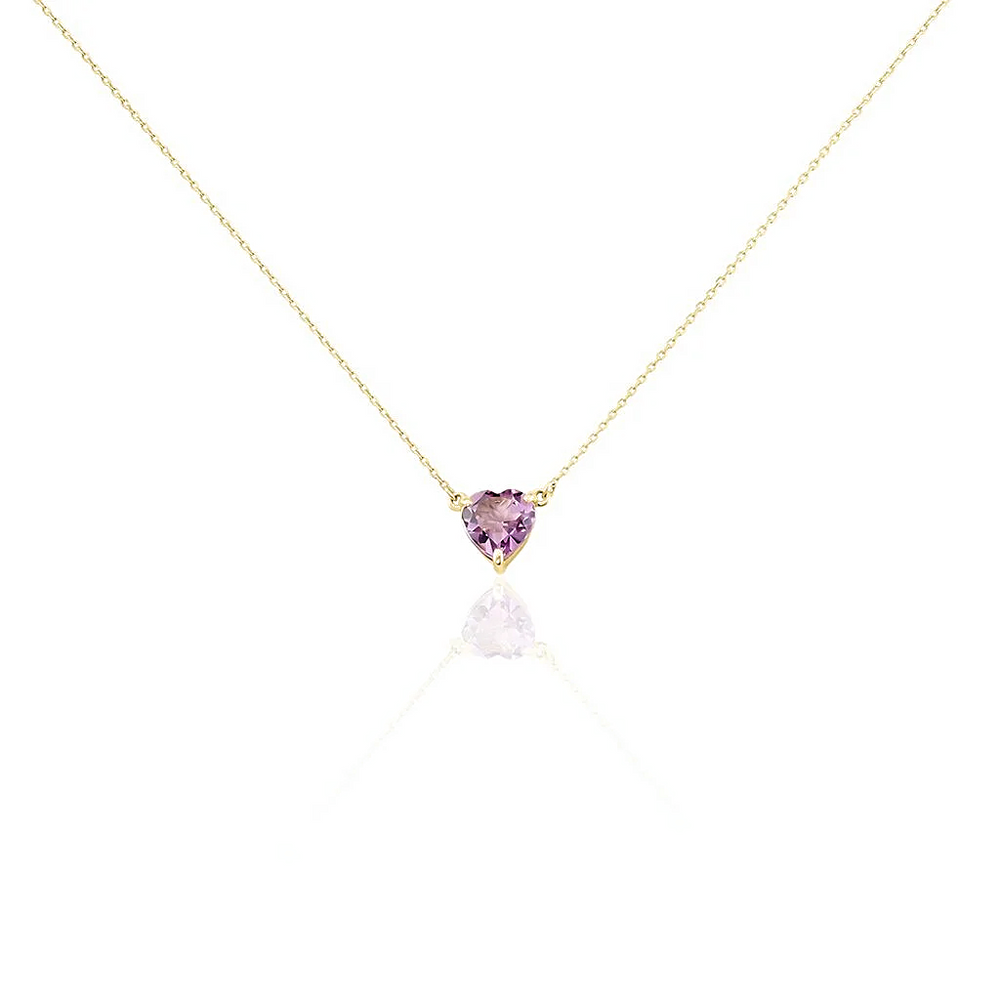 Collar en oro amarillo 18k con amatista natural en forma de corazón morado