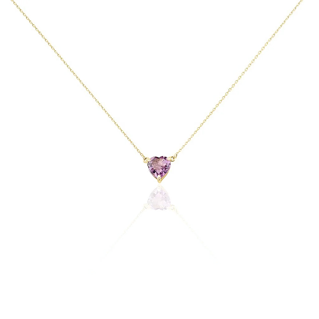 Collar en oro amarillo 18k con amatista natural en forma de corazón morado