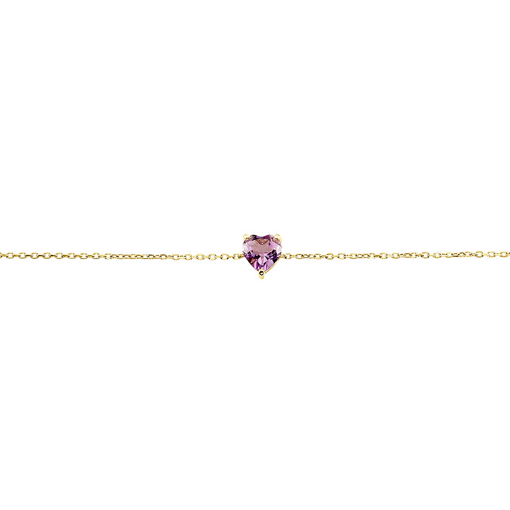 Pulsera en oro amarillo 18k con amatista natural en forma de corazón morado