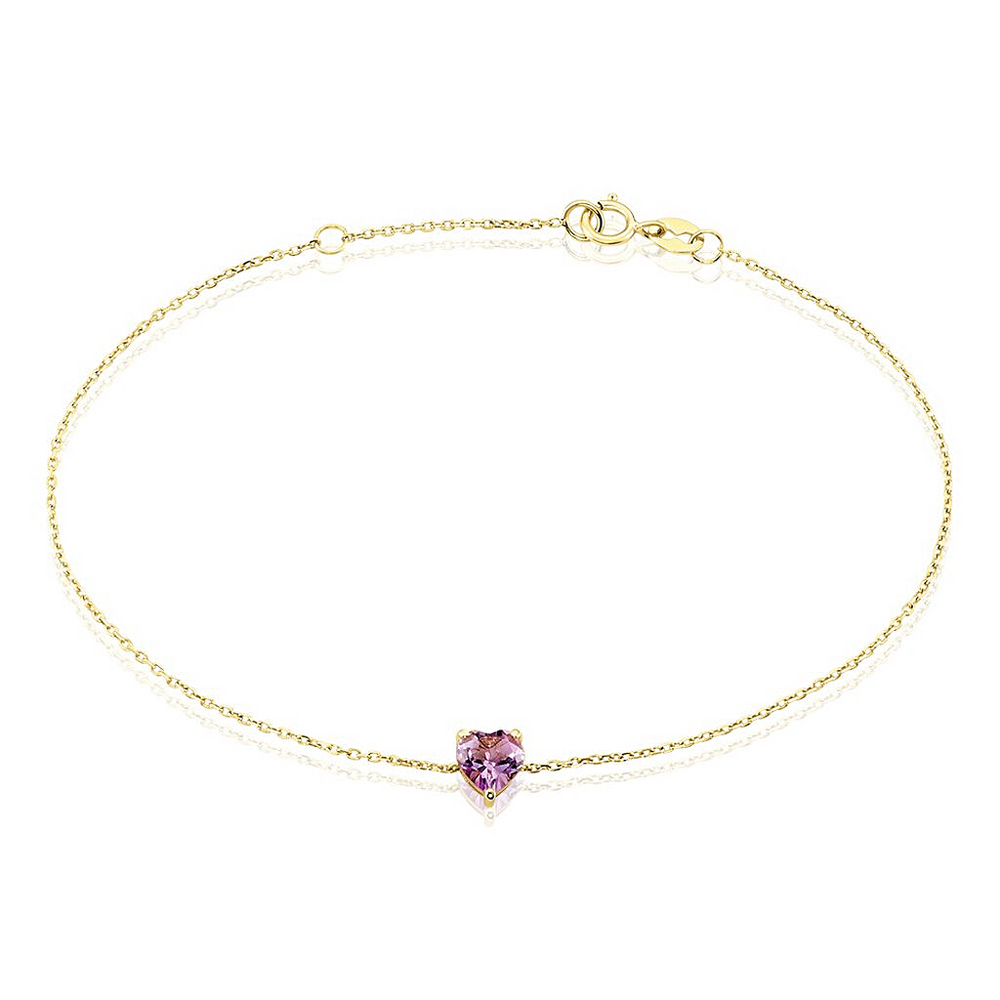 Pulsera en oro amarillo 18k con amatista natural en forma de corazón morado