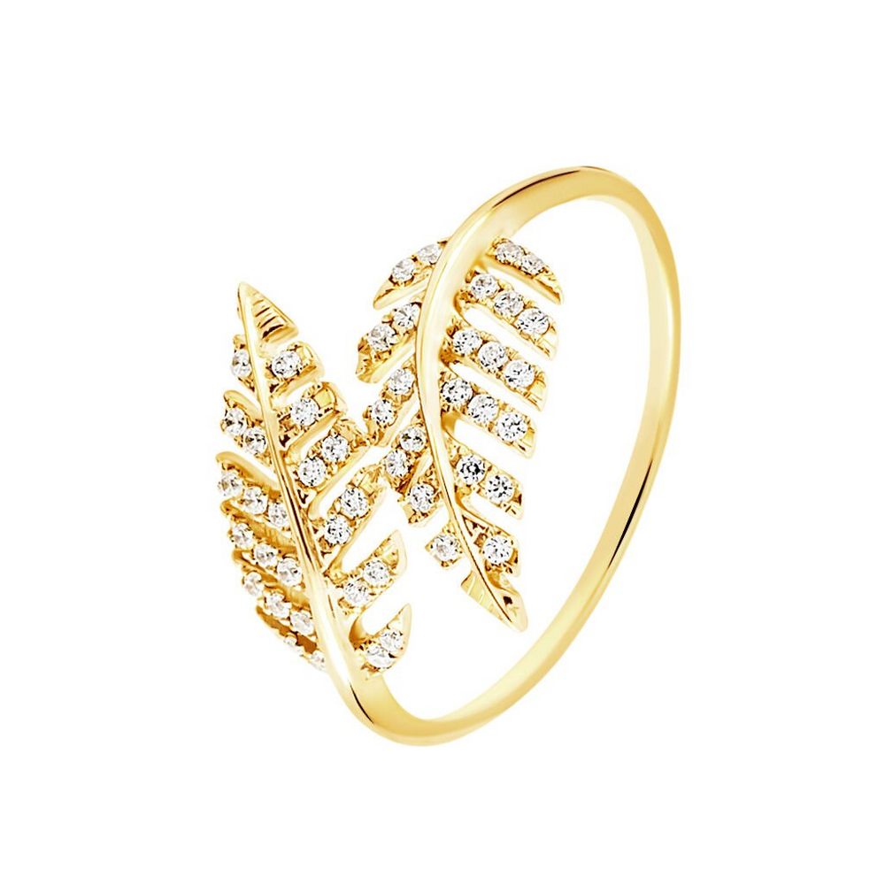Anillo de oro amarillo: hojas de oro y diamantes para un estilo romántico y sofisticado. ¡Deslumbra con elegancia!"