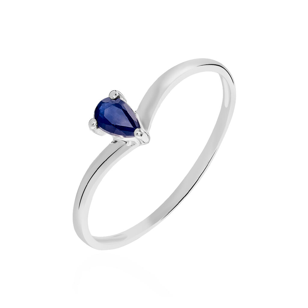 Anillo Oro Blanco 18k con Zafiro Azul Talla Pera y Aro Plano en Forma de V