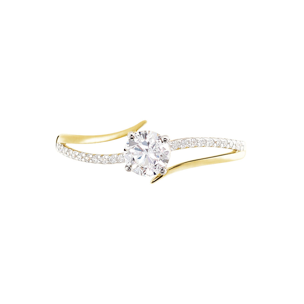 Anillo de Oro Amarillo con Diamante Central y Curvas Engastadas en Diamantes

