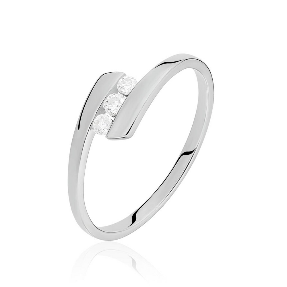 Anillo compromiso: Tres diamantes redondos en anillo cruzado, oro blanco 18k. ¡Deslumbrante!